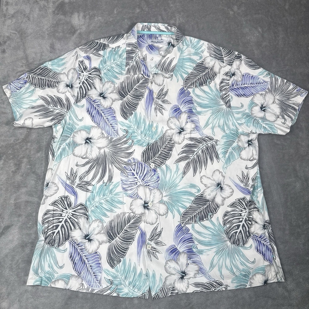 Tommy Bahama Shirt Men XXXL 3XL Tropical Floral Hibiscus Palm Leaf Hawaiian Silk